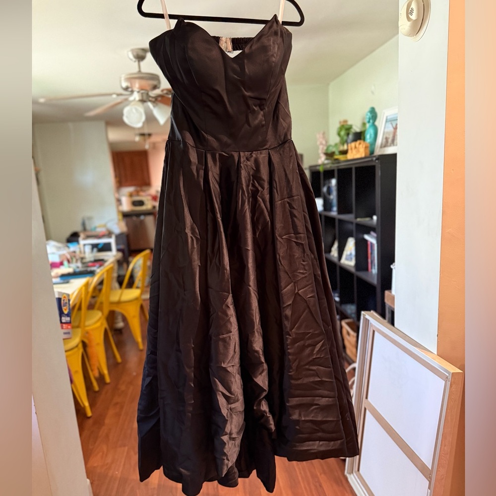 Black asymmetrical strapless corset back prom dress